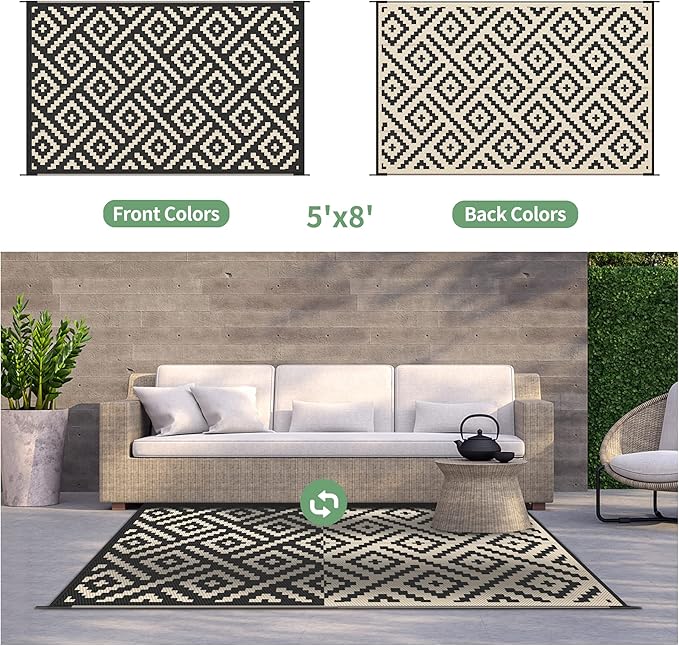 GENIMO 5x8 Outdoor Rug Waterproof, Reversible Mats, Area Rug, Plastic Outside Carpet, Geometric Rv Mat for Patio Camping Rv Picnic Backyard Deck Balcony Porch Beach Trailer (Black & Beige)
