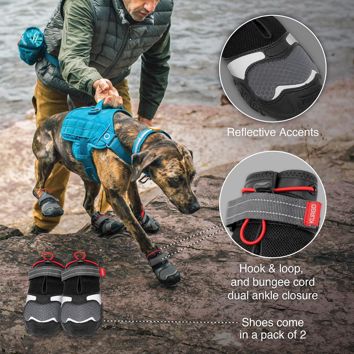 Kurgo Blaze Cross Dog Shoes, Chili Red/Black, Small, 2 Pack | All Season Paw Protectors, Lightweight & Breathable, Water-Resistant, Reflective Accents, No-Slip, Includes 2 Shoes