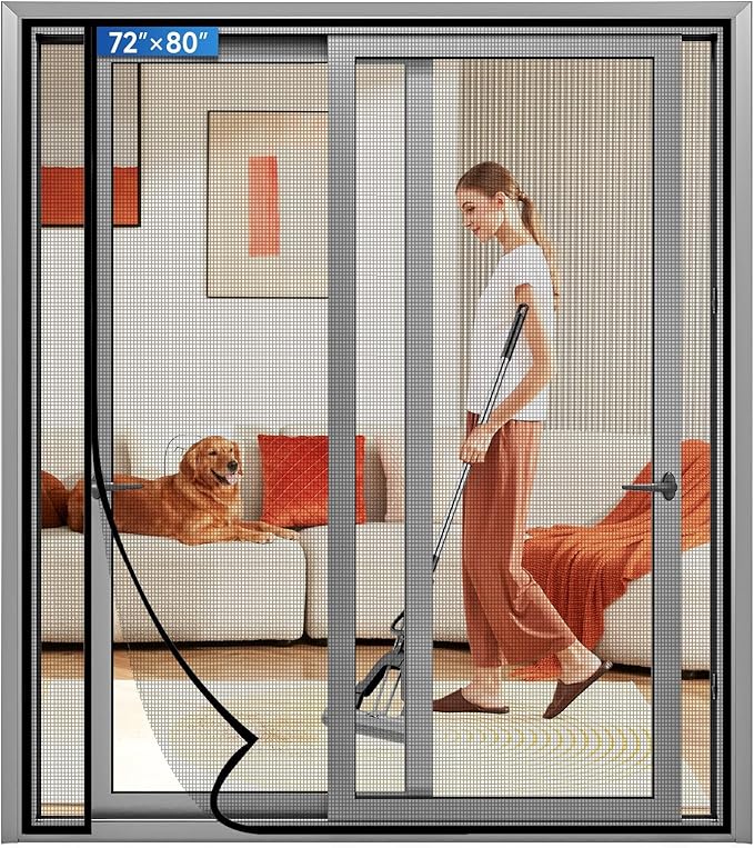 Magnetic Screen Door Left Right Side Opening Upgraded PET Mesh Greater Than Fiberglass and Polyester,Keep Bugs Out,Pet & Kid Friendly,Suitable for Sliding Doors,Patio French Doors-72" X 80"