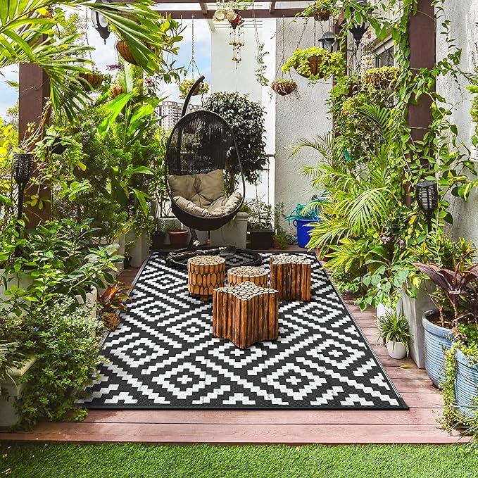 GENIMO Outdoor Rug for Patio Clearance,9'x12' Waterproof Large Mat,Reversible Plastic Camping Rugs,Rv,Porch,Deck,Camper,Balcony,Backyard,Black & White