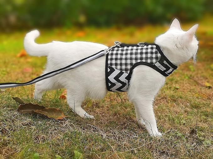Cat Harness and Leash for Walking Escape Proof, Adjustable Cat Vest Harness, Padded Stylish Cat Walking Jackets, Black Plaid, X-Small