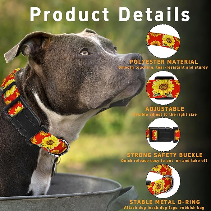 Sunflower Dog Collar, Floral Boys Girls Puppy Collar for Small Medium Large Dogs, Adjustable Soft Flower Pet Collar with Safety Buckle for Male Females(Red Sunflower, XS)