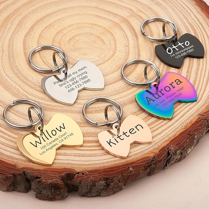 Anavia Personalized Pet ID Tags, Stainless Steel Glossy Laser Engraved Dog Cat Collar Name Tags, Multiple Colors Shapes Sizes (Bow Tie, Regular)