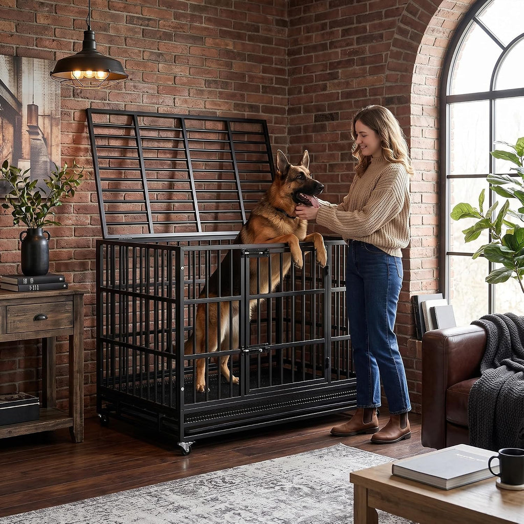 LEMBERI 48" Heavy Duty Dog Crate for Large Dogs, Black | Indestructible escape-proof cage kennel for high anxiety dogs, with removable wire trays & lockable wheels