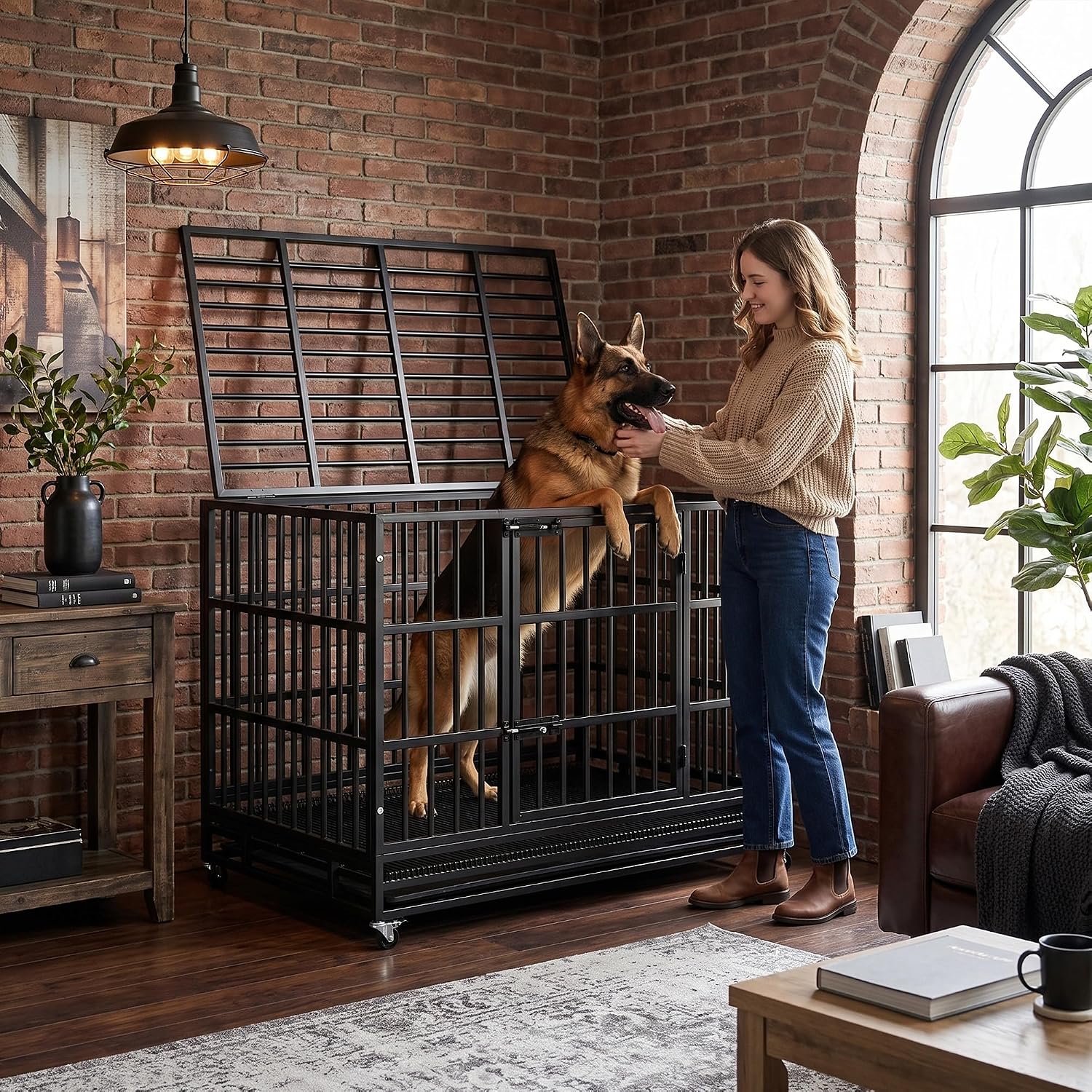 LEMBERI 48" Heavy Duty Dog Crate for Large Dogs, Black | Indestructible escape-proof cage kennel for high anxiety dogs, with removable wire trays & lockable wheels