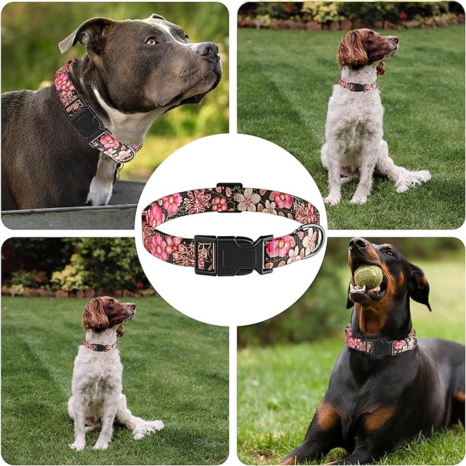 Dog Collar for Boys Girls, Floral Puppy Collar for Small Medium Large Dogs, Adjustable Soft Pet Collar With Safety Buckle for Male Females (Red Floral, M)
