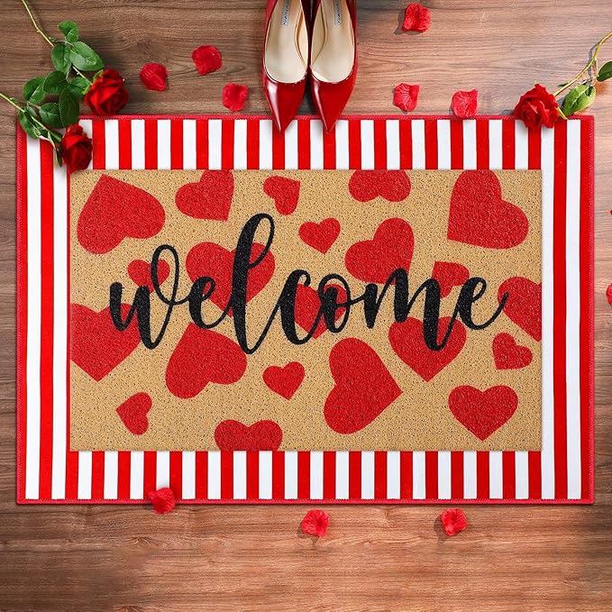 Tinideya 2 Pcs Door Mat Welcome Non Slip Coir Mats Floor Layering Doormats Seasonal for Front Porch Entryway Decor(Heart)