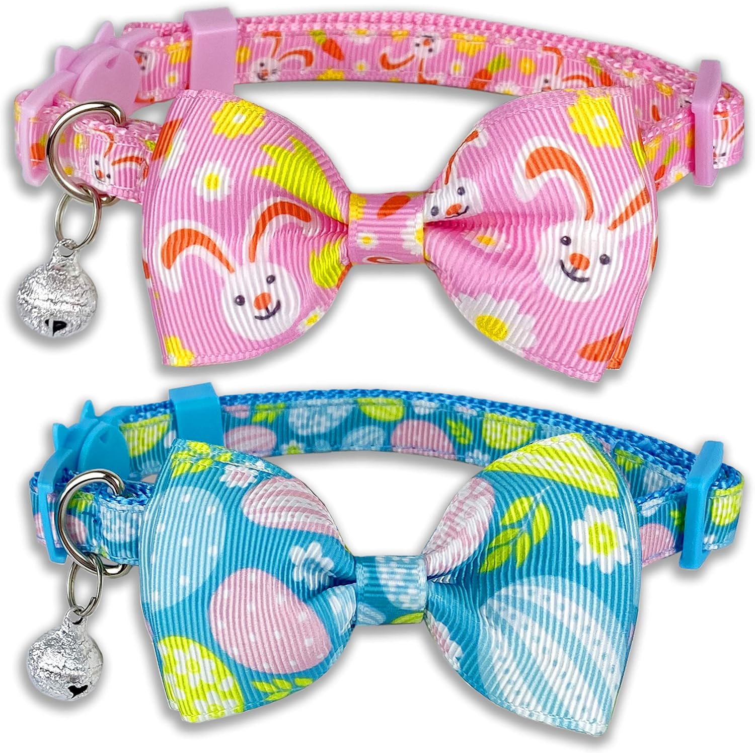 Easter Cat Collar with Bow Tie, Holiday 2 Pack Kitty Kitten Cute Bunny Carrot Collar for Girls and Boys (Hoppy Hour/Pink)