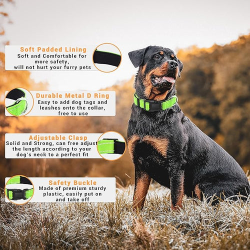 2 Pack Reflective Dog Collar with Safety Locking Buckle, Adjustable Soft Breathable Comfortable Nylon Pet Collar for Small, Medium and Large Dogs, Green, M