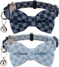 Cat Collar Breakaway Bowtie Safety with Bell Adjustbale Kitten Puppy Solid Plaid Color Set O-[2pcs] Denim