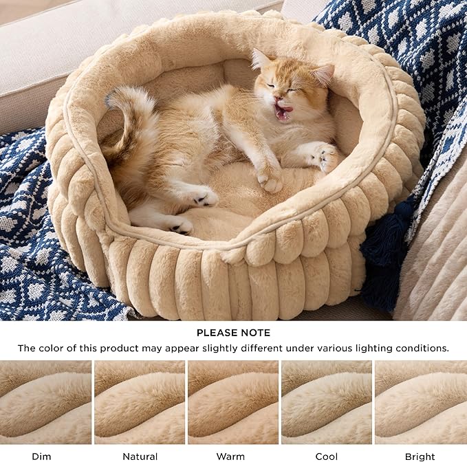 Bedsure ComfyFleece™ Small Cat Bed, Washable Round Cute Pet Beds for Indoor Cats, Super Soft Corduroy Kitten Bed with Anti-Slip Bottom, 20''x20''x8'', Sandy Beige