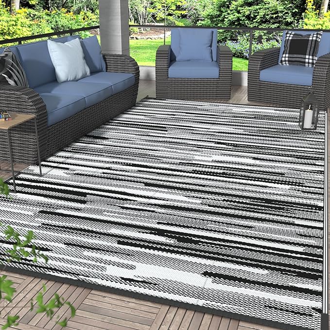 GENIMO Outdoor Rug for Patio Clearance, 6'x9' Waterproof Camping Mat, Reversible Plastic Straw Rugs for RV, Camper, Balcony, Backyard, Picnic, Deck (Black White)