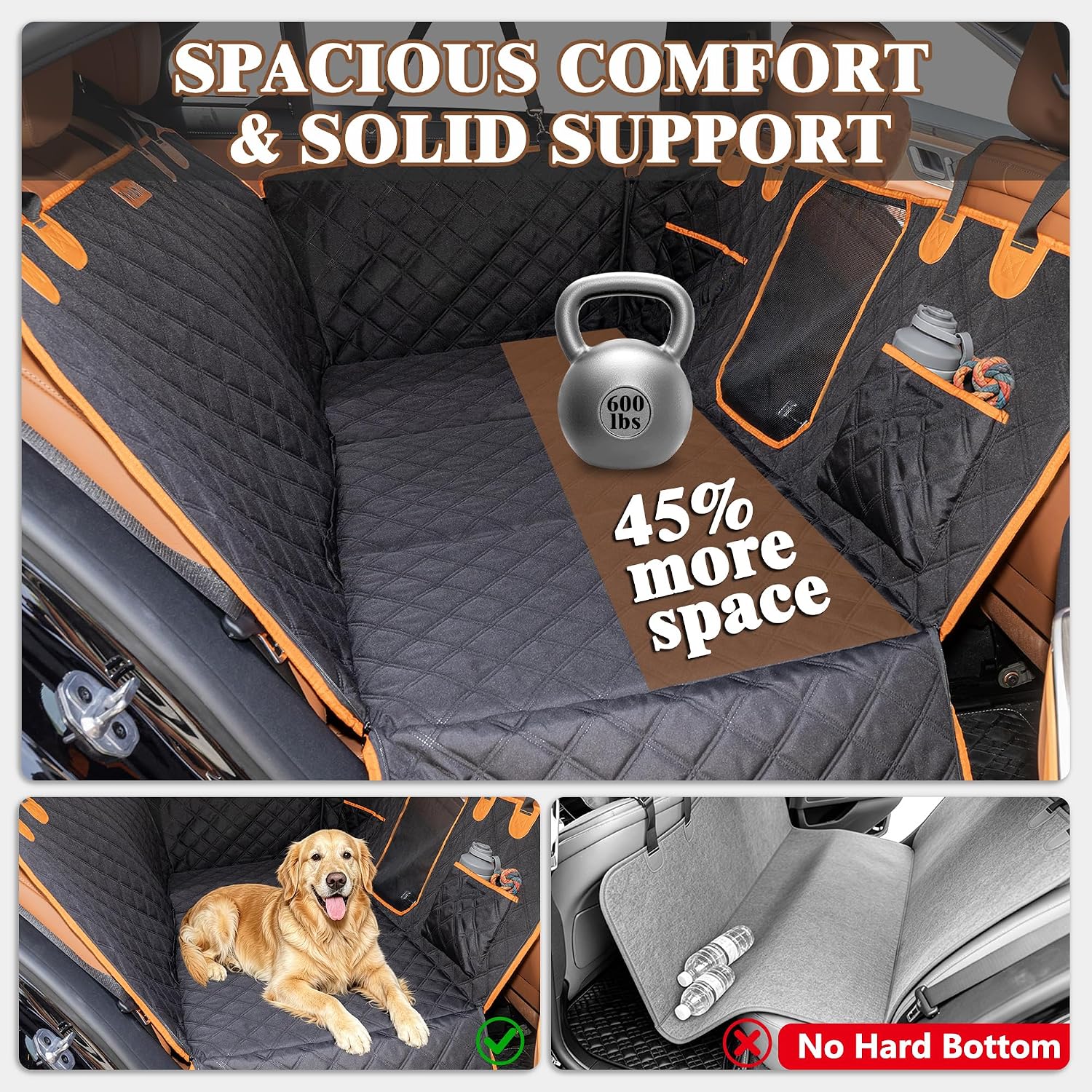 Hard Bottom Waterproof Dog Seat Cover Hammock for Full Size Truck | 900D Oxford bite-proof & waterproof. 35D sponge pad protects dog joints. Extra-wide hard bottom supports 600lbs. Mesh window