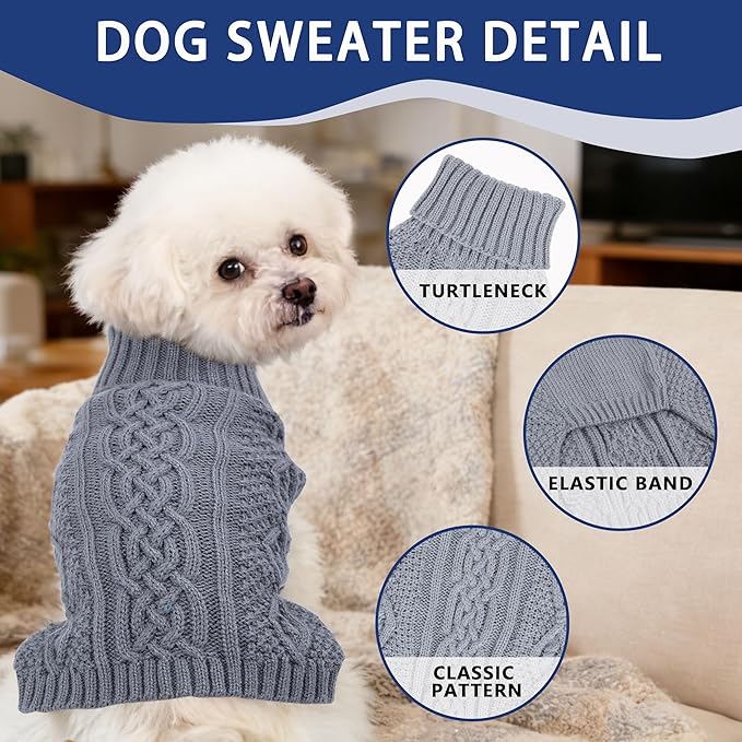 Dog Sweaters for Small Dogs Winter Dog Clothes Turtleneck Knit Puppy Sweater Warm Chihuahua Clothes Cat Sweater Frenchie Doggy Pullover Outfit with Twisted Design(Grey, X-Small)