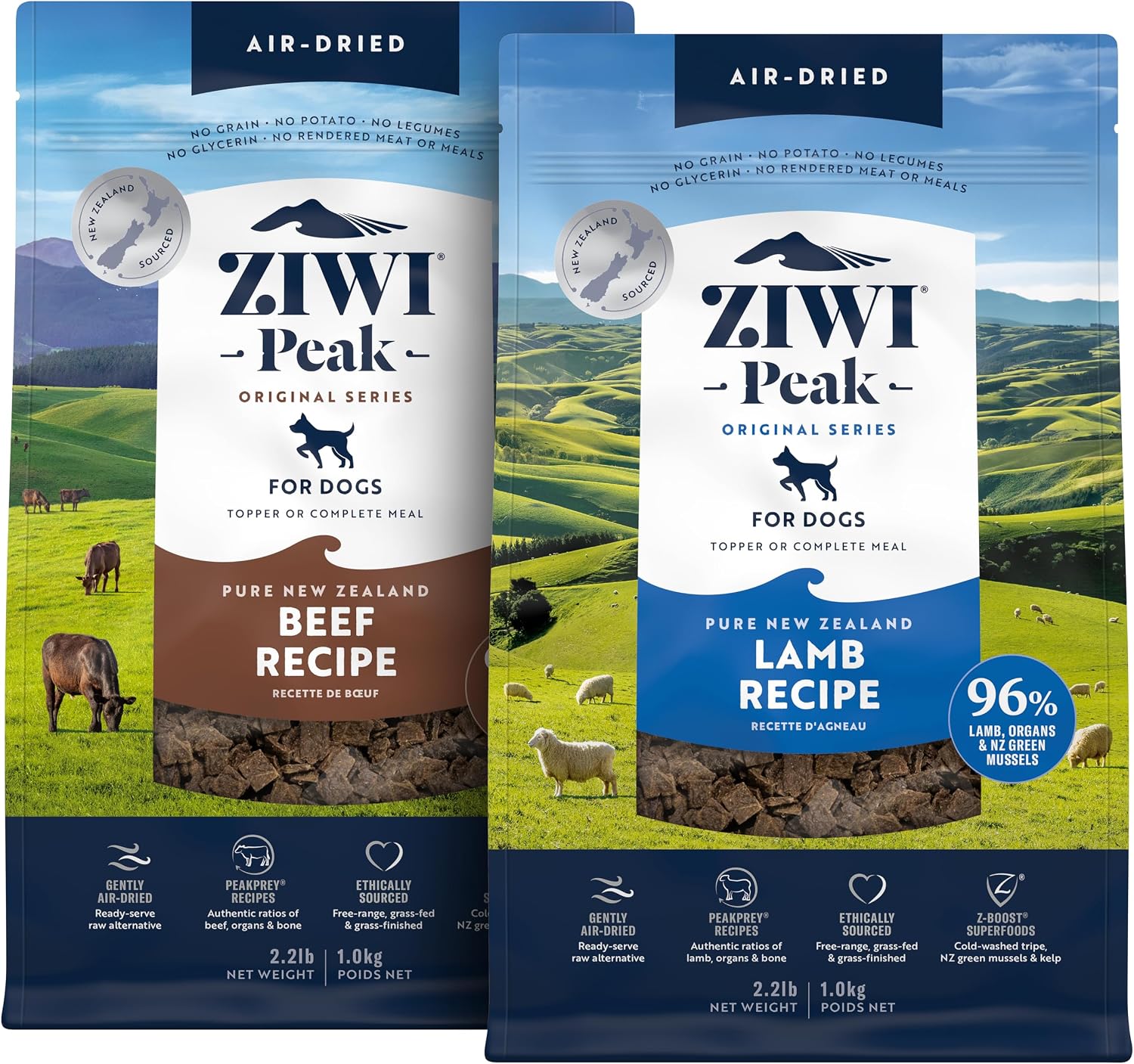 Bundle of ZIWI Peak Air-Dried Dog Food – Beef (35.2oz) + Air-Dried Dog Food – Lamb (35.2oz)- All Natural, High Protein, Grain Free, Limited Ingredient w/Superfoods