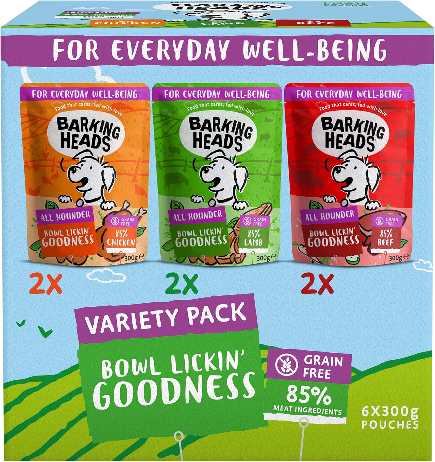 EHBOAQ Barking Heads Adult Dog Food Wet Pouches Variety Pack Natural and Grain-Free with No Artificial Flavours Plus Added Vitamins and Minerals 6 x 300g