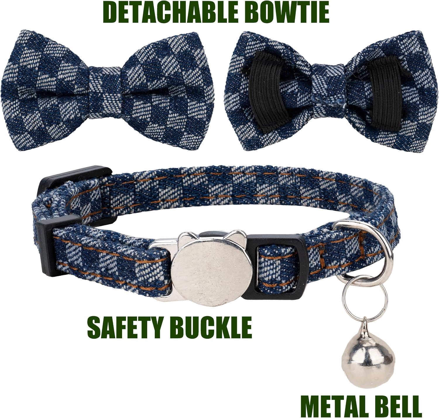 Cat Collar Breakaway Bowtie Safety with Bell Adjustbale Kitten Puppy Solid Plaid Color Set O-[2pcs] Denim