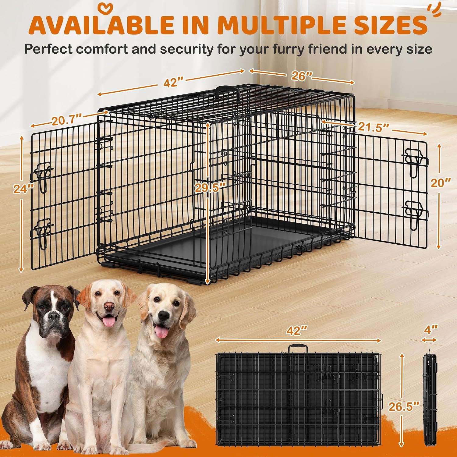 Yaheetech 42inch Double Door Dog Crate w/Divider, Collapsible Metal Kennel | Heavy-duty Sturdy Metal Frame, Easy Assemble, Fold Up for Travel, Removable Tray, Ideal for Puppies, Medium to Large Dogs