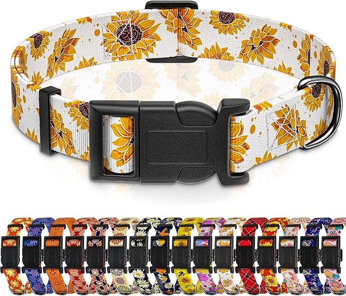 Dog Collar, Floral Boys Girls Puppy Collar for Small Medium Large Dogs, Adjustable Soft Pet Collar with Safety Buckle for Male Females (White Sunflower, M)