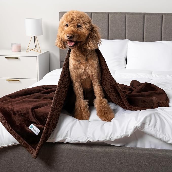 PetAmi Waterproof Dog Blanket for Queen Bed Large XL Dog Throw for Couch Cover Leakproof Furniture Protection, Sherpa Fleece, Reversible Soft Washable 90x90 Brown Brown