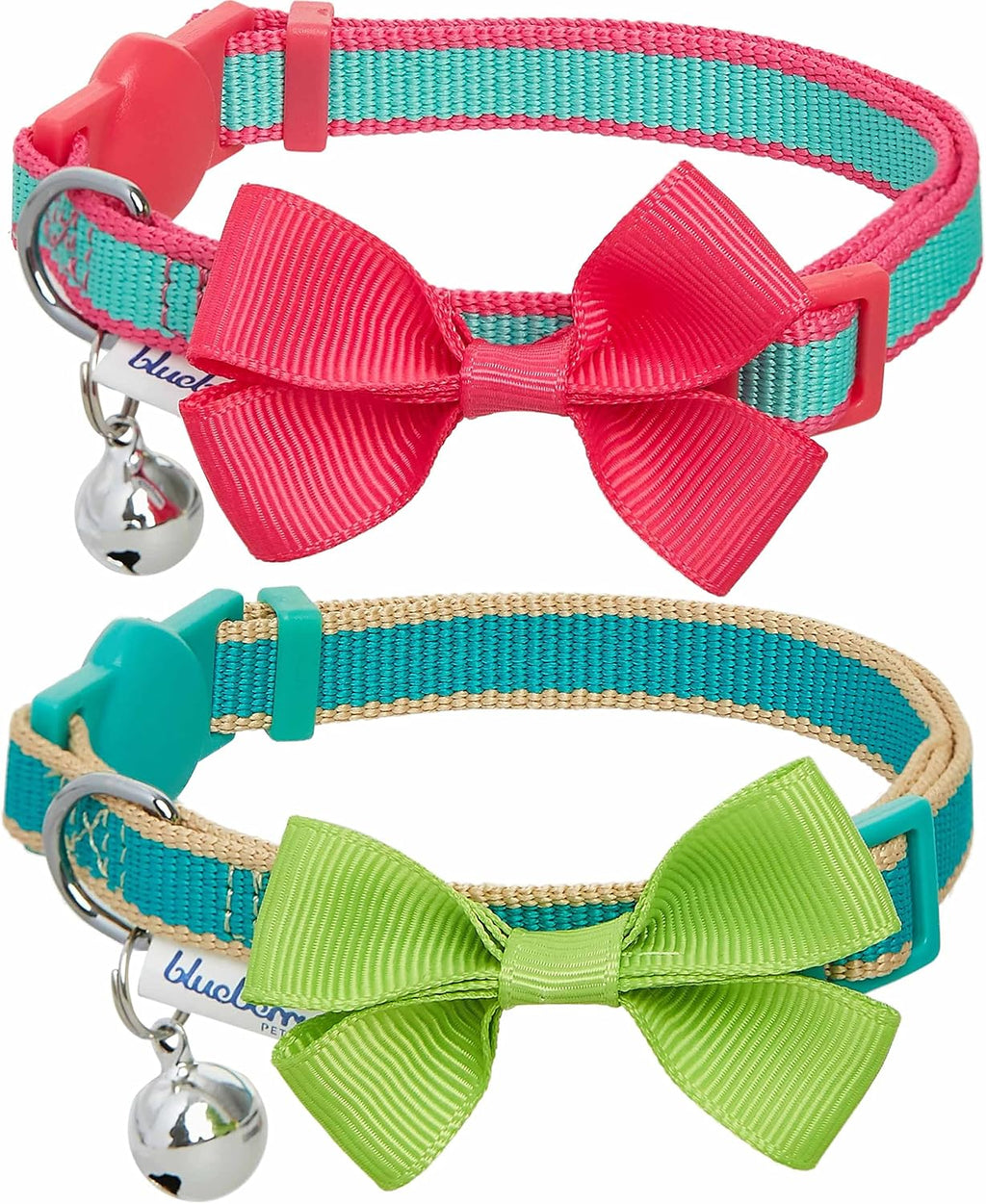 Blueberry Pet Pack of 2 Cat Collars, Classic Solid Adjustable Breakaway Cat Collar with Bell and Bow Tie, Teal Lagoon, Neck 9"-13"