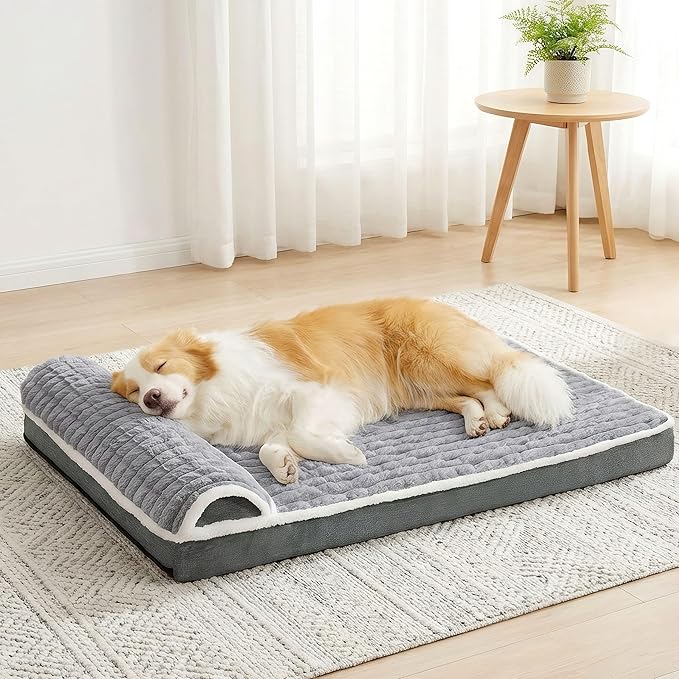 Orthopedic XL Dog Bed Large Sized Dog with Pillow 42''X28'', Waterproof Soft Comfortable Egg Crate Foam Pet Crate Beds Mat with Removable Washable Cover and Non-Slip Bottom, Grey
