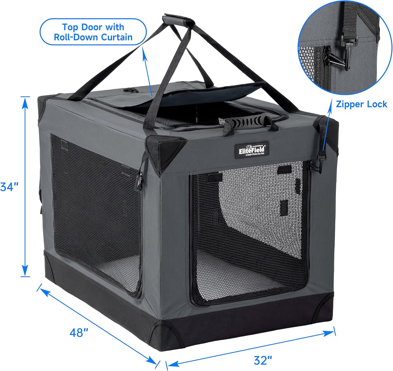 EliteField 4-Door Folding Soft Dog Crate, Aluminum Frame (2-Year Warranty) | Top Curtain, Washable Crate & Bed Covers, Backpack Carrying Bag, Indoor/Outdoor, Storage Pockets, Zipper Locks