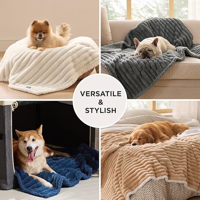 Bedsure ComfyFleece™ Waterproof Dog Blankets for Medium Dogs - Soft Puppy Cat Blanket Corduroy Fleece Washable, Cozy Calming Reversible Furniture Protection for Pet Kitten Doggy,30"x40", Navy Blue