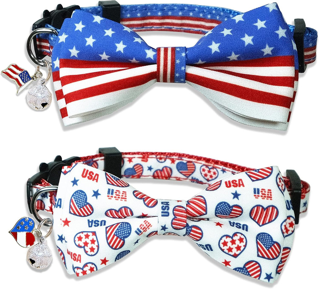 4th of July Cat Collar with Bow Tie, Indepedence Holiday USA Heart Collar for Boys and Girls Kitties and Kittens