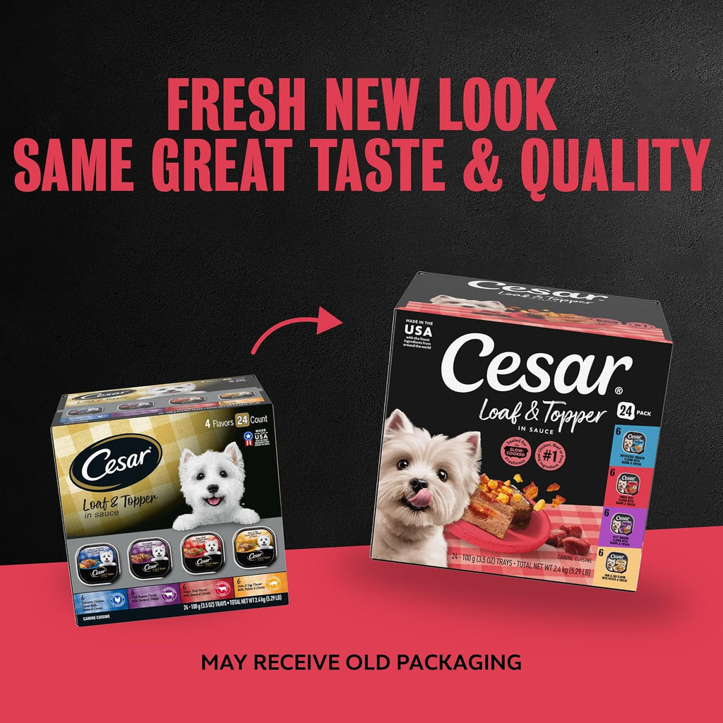 Cesar Loaf & Topper Wet Dog Food, Variety Pack, 3.5 oz, 24 Count | Real meat #1 ingredient, no fillers or artificial flavors, easy-to-digest, slow-cooked tender texture, easy peel trays