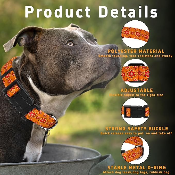 Dog Collar, Classical Indian Spirit Boys Girls Puppy Collar for Small Medium Large Dogs, Adjustable Soft Indian Pet Collar with Safety Buckle for Male Females(Orange, XL)