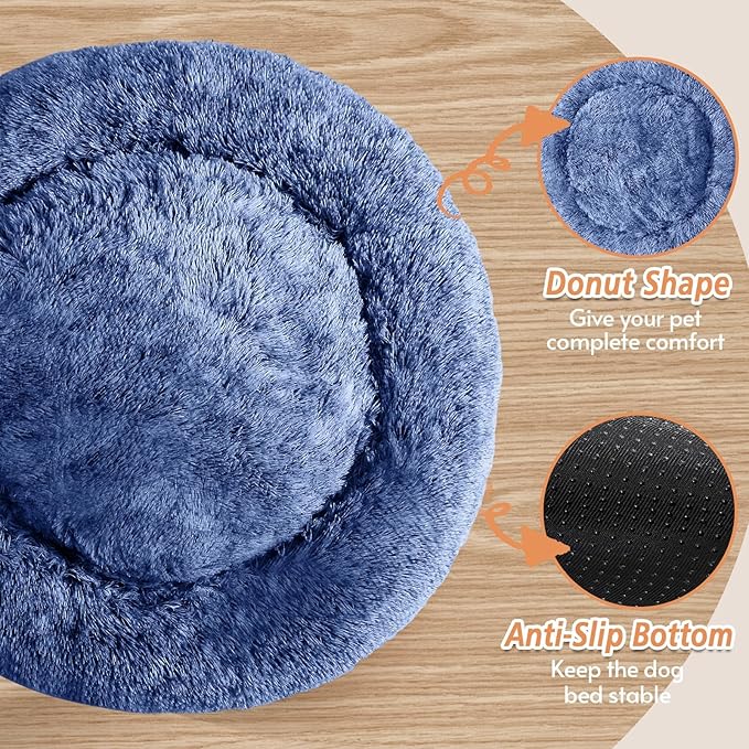 JOLLYVOGUE Calming Dog Bed Large Size Dog, Anti-Anxiety Donut Large Pet Bed, 36 inches Fluffy Faux Fur Round Cat Bed, Fits up to 75 lbs Pets (Navy Blue)