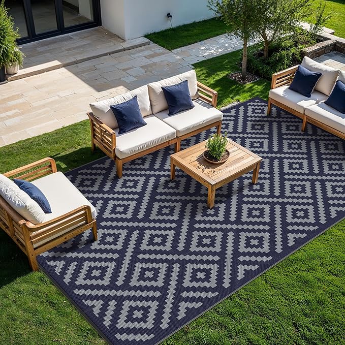 GENIMO Outdoor Rug for Patio Clearance, 10'x14' Waterproof Camping Mat, Reversible Plastic Straw Rugs for RV, Camper, Balcony, Backyard, Picnic, Deck (Blue & Grey)