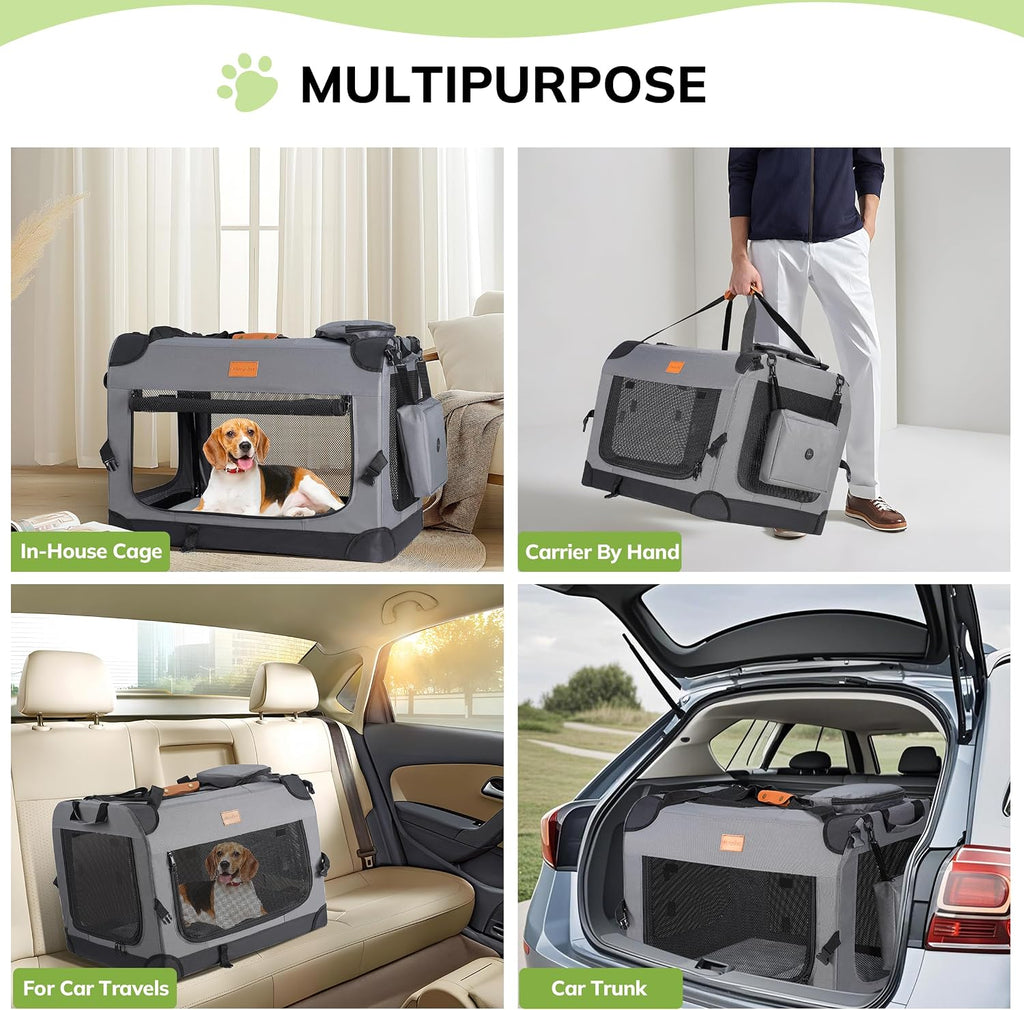 Morpilot 24-inch Portable Collapsible Dog Crate for Small Dogs up to 27lbs | Travel Dog Crate Soft-Sided with Foldable Bowl, Shoulder Strap & Storage Pockets, Grey