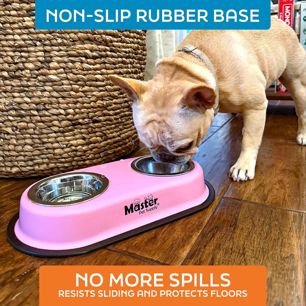Master Pet Supply Double Dog Bowls Set with Elevated Base and 2 (8 oz) Stainless Steel Removable Dishes (Light Gray) – Double Cat Food Water Bowl, Dog Puppy Food Bowl Set, Rust Resistant