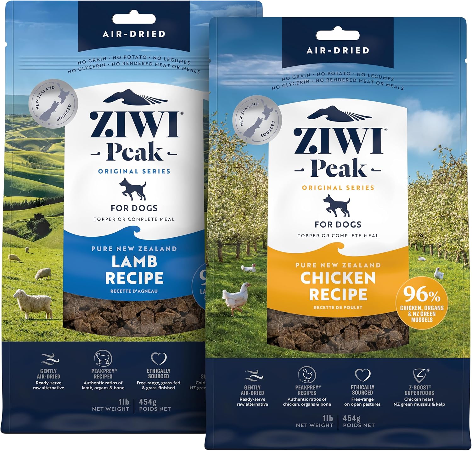 Bundle of ZIWI Peak Air-Dried Dog Food – Lamb (16oz) + Air-Dried Dog Food – Chicken (16oz)- - All Natural, High Protein, Grain Free, Limited Ingredient w/Superfoods