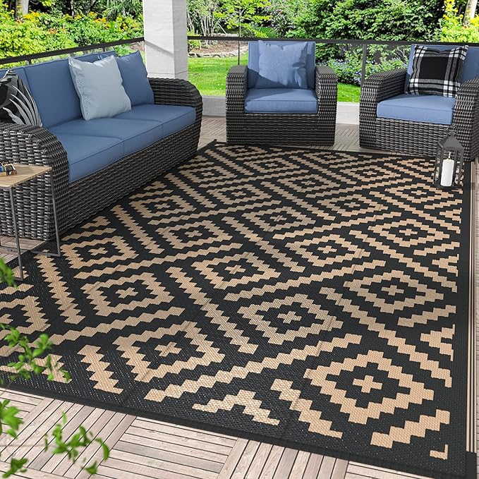 GENIMO Outdoor Rugs 8x10 Waterproof, Reversible Mats, Area Plastic Straw Rug, Outside Carpet, Geometric Rv Mat for Patio Camping Rv Picnic Backyard Deck Balcony Porch Beach Trailer (Black & Brown)