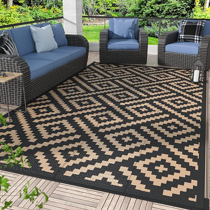 GENIMO Outdoor Rug 4x6 Waterproof, Reversible Mats, Outdoor Area Rug, Plastic Outside Carpet, Eeometric Rv Mat for Patio Camping Rv Picnic Backyard Deck Balcony Porch Beach Trailer (Black & Brown)