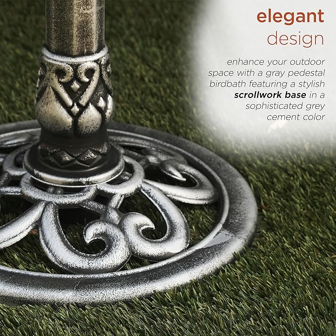 Alpine Corporation TEC116GR Outdoor Pedestal Birdbath w/Scrollwork Base and Stakes, Elegant Birdbath for Garden, 28" H, Gray