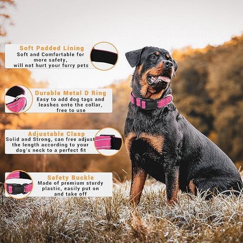 2 Pack Reflective Dog Collar with Safety Locking Buckle, Adjustable Soft Breathable Comfortable Nylon Pet Collar for Small, Medium and Large Dogs, Hotpink, L