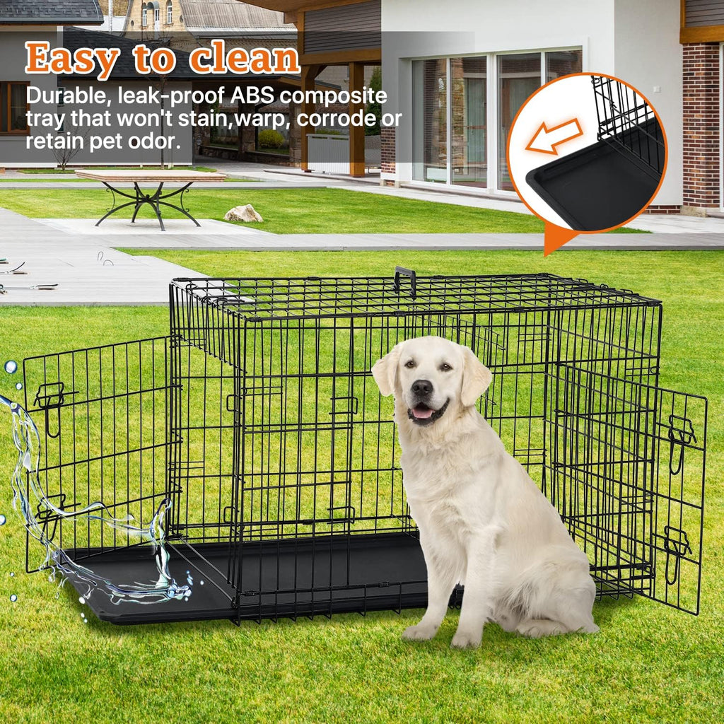 48 Inch Large Dog Crate Dog Kennel Cage Metal Wire Crates Pet Cages Double-Door Foldable Kennels with Handle and Plastic Tray Indoor&Outdoor,Black XXL