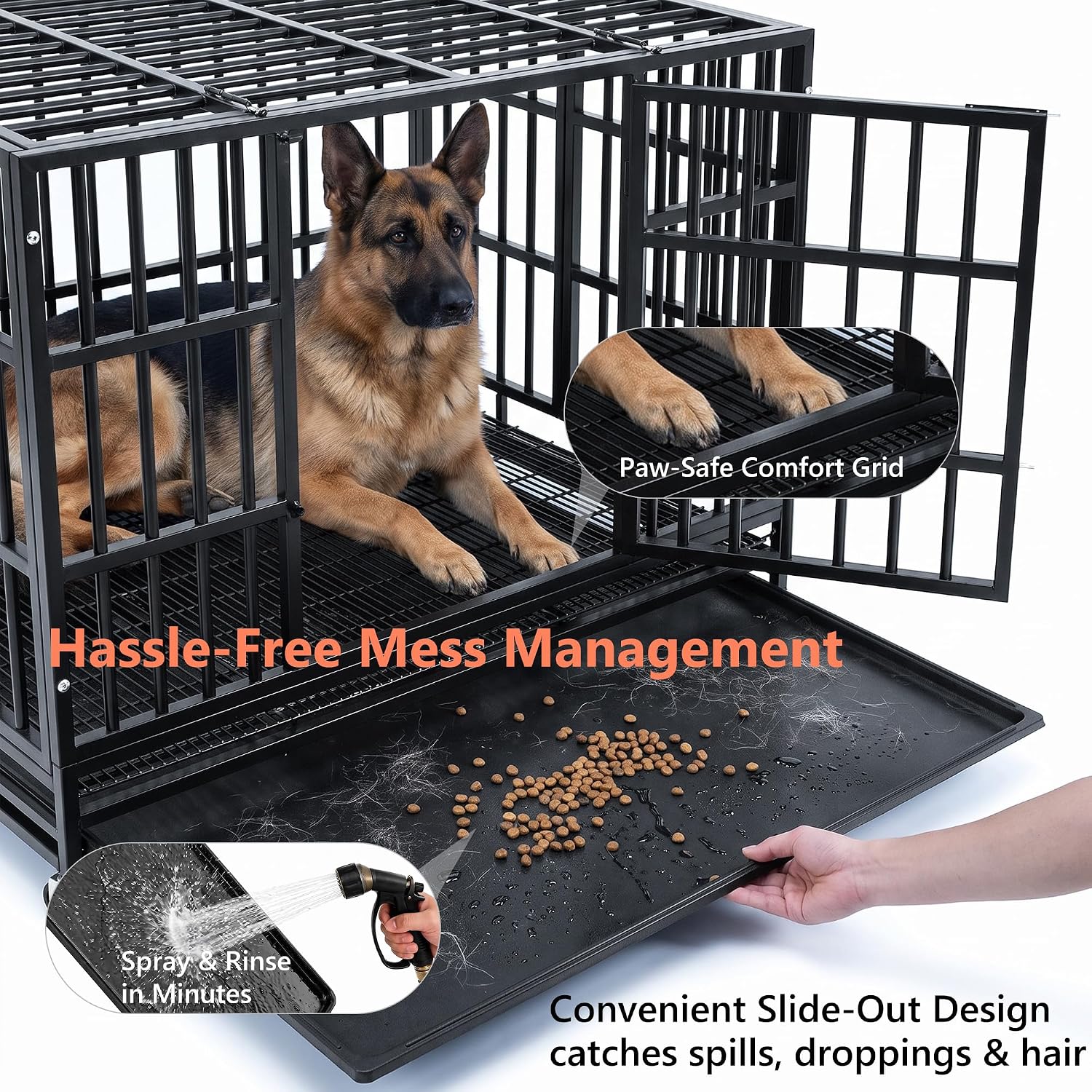 LEMBERI 48" Heavy Duty Dog Crate for Large Dogs, Black | Indestructible escape-proof cage kennel for high anxiety dogs, with removable wire trays & lockable wheels