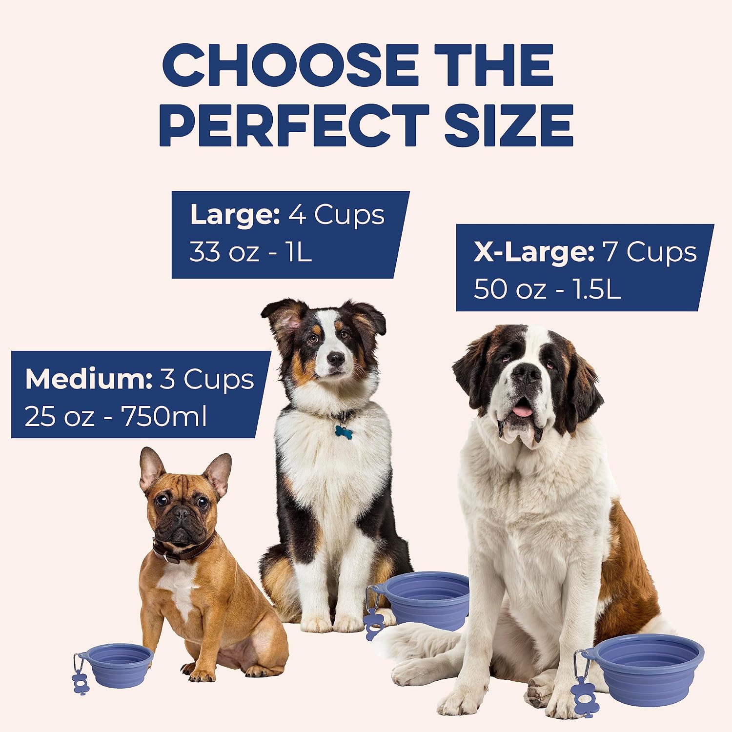 Bonza Collapsible Dog Water Bowl - BPA-Free Silicone Dog Dish - Reinforced Rim Collapsible Bowl - Carabiner Clip Travel Dishes for Pets - for Hiking, Camping & Car Trips - Large 33 Oz, Navy Blue