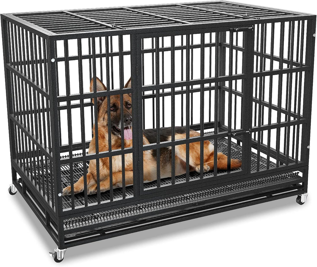 KOKOTANGS 42 Inch Heavy Duty Dog Crate Cage with Wheels, Indestructible and Escape Proof Steel Kennel Indoor for High Anxiety Dogs with Sturdy Locks, Double Door and Tray, Extra Large XL XXL, Black