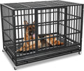 KOKOTANGS 42 Inch Heavy Duty Dog Crate Cage with Wheels, Indestructible and Escape Proof Steel Kennel Indoor for High Anxiety Dogs with Sturdy Locks, Double Door and Tray, Extra Large XL XXL, Black