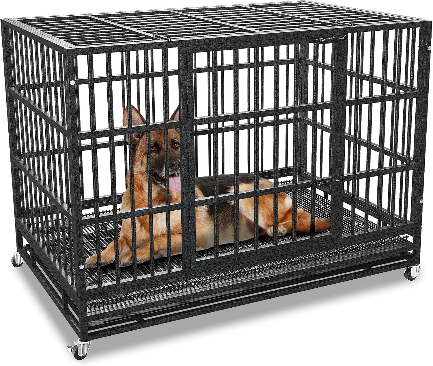 KOKOTANGS 42 Inch Heavy Duty Dog Crate Cage with Wheels, Indestructible and Escape Proof Steel Kennel Indoor for High Anxiety Dogs with Sturdy Locks, Double Door and Tray, Extra Large XL XXL, Black