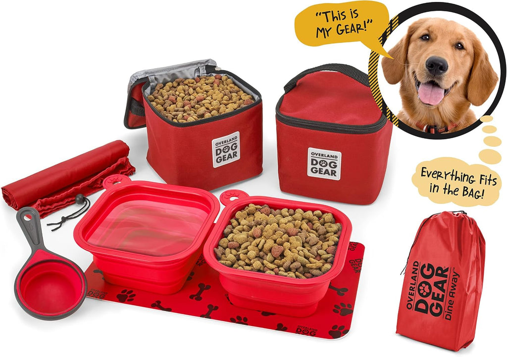 Mobile Dog Gear, Dine Away Dog Travel Bag for Medium and Large Dogs, Includes Lined Food Carriers and 2 Collapsible Dog Bowl, Collapsible Scooper and Placemat, Red