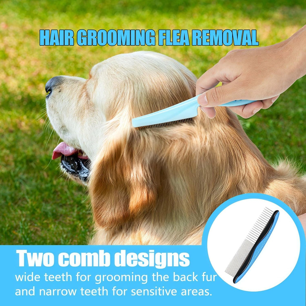 5-in-1 Grooming Kit - Supplies for Short and Long Hair Dogs, Bath Brush, Dematting Rake and Comb (Set of 5, Blue)