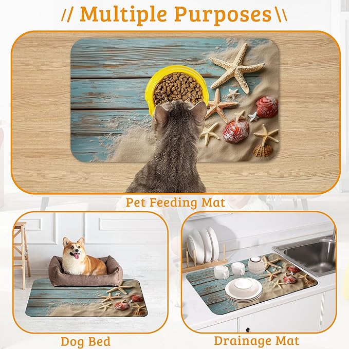 Sand Starfish Dog Cat Food Mat,Wood Board Absorbent Waterproof Placemat for Food and Water Non Slip Rubber Backing Durable Feeding Pad for Clean Floors 12" x 20"