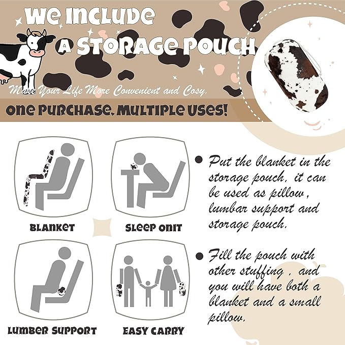 Bnuitland Brown Cow Print Throw Blanket with Storage Pouch, 300 GSM Double Sided Fuzzy Decor Lap Blanket for Bed/Sofa/Couch, Super Soft Cozy Flannel Throw Gift for Adults and Kids, 50×60 inch